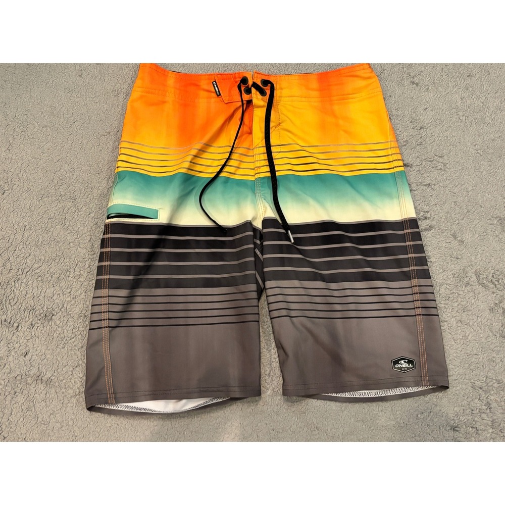 ONeill Hyperfreak Mens Board Shorts Size 27 Orange Teal Striped Surf Trunks